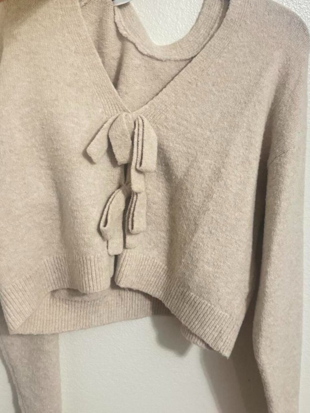 Beige Knit Tie Front Cropped Cardigan - Long Sleeve Bow Top